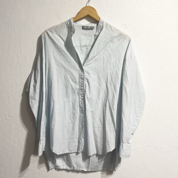 Vince Shirt Womens Small Button Fray Hem Cotton Silk Light Blue Long Sleeve - Picture 1 of 6